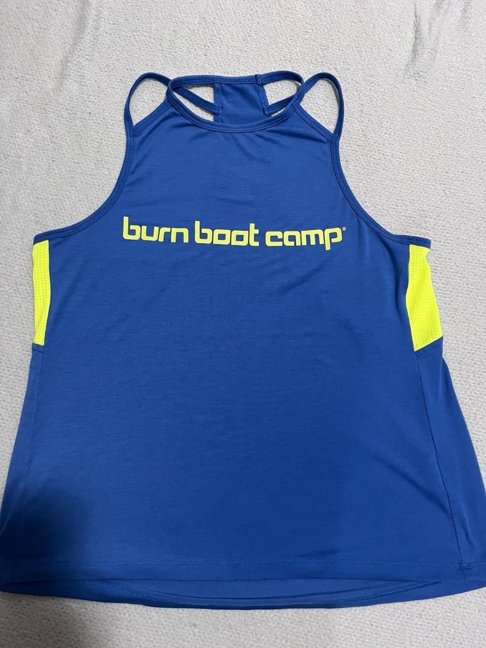 Burn Boot Camp Women’s Blue Tank with Neon Yellow Accents